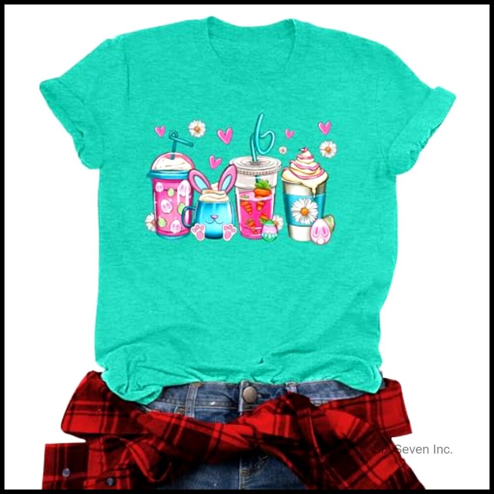 Happy Easter Bunny Rabbit Graphic T-Shirt Short Sleeve Top - Picture 4 of 7